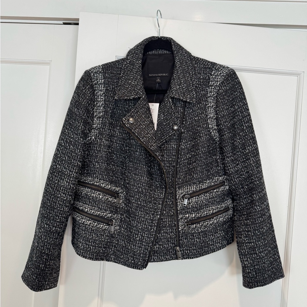 NWT Banana Republic Black White Tweed Moto Jacket Size 12P Textured Plaid Biker